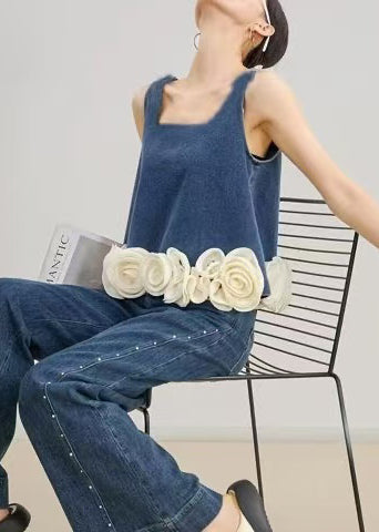 Organic Blue Oversized Handmade Floral Denim Vest Sleeveless