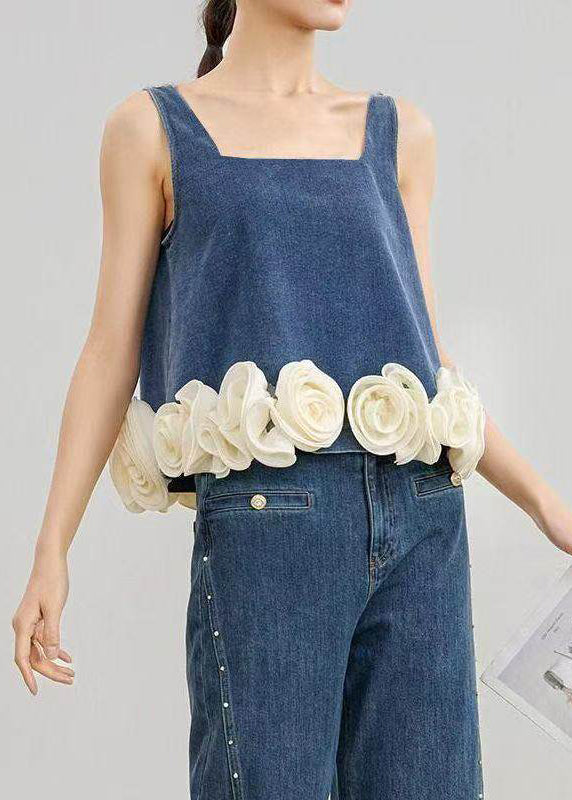 Organic Blue Oversized Handmade Floral Denim Vest Sleeveless