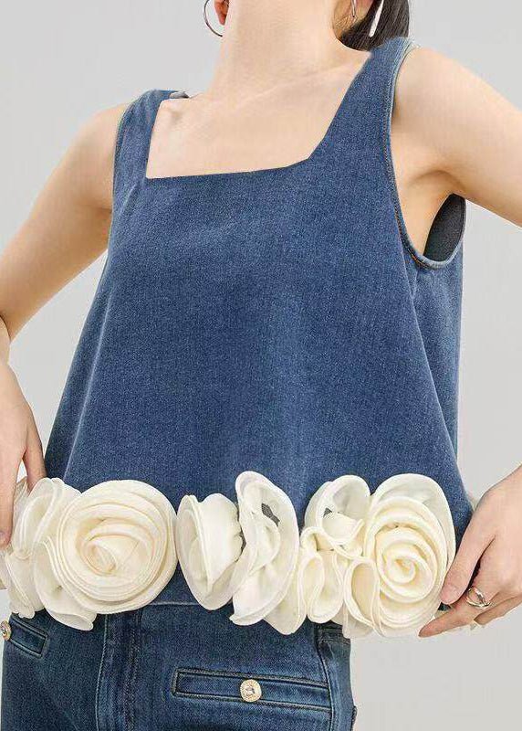 Organic Blue Oversized Handmade Floral Denim Vest Sleeveless
