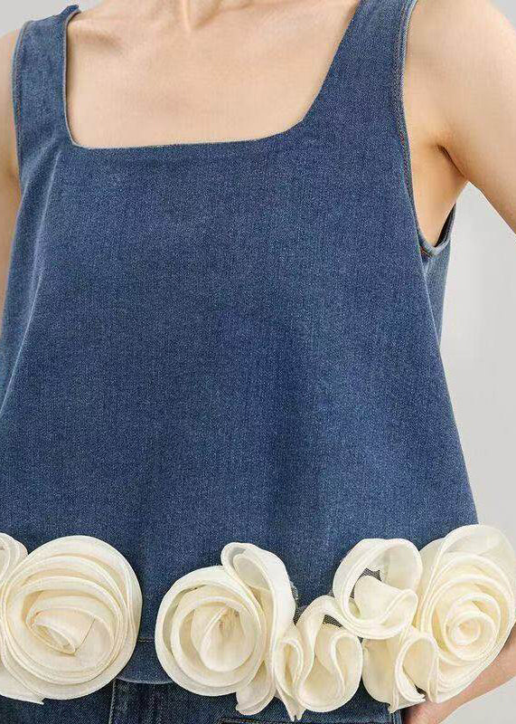 Organic Blue Oversized Handmade Floral Denim Vest Sleeveless