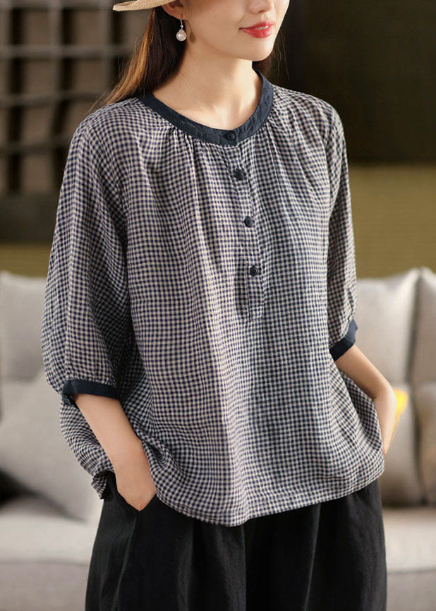 Organic Blue Oversized Plaid Linen Shirts Summer