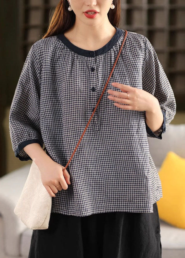 Organic Blue Oversized Plaid Linen Shirts Summer