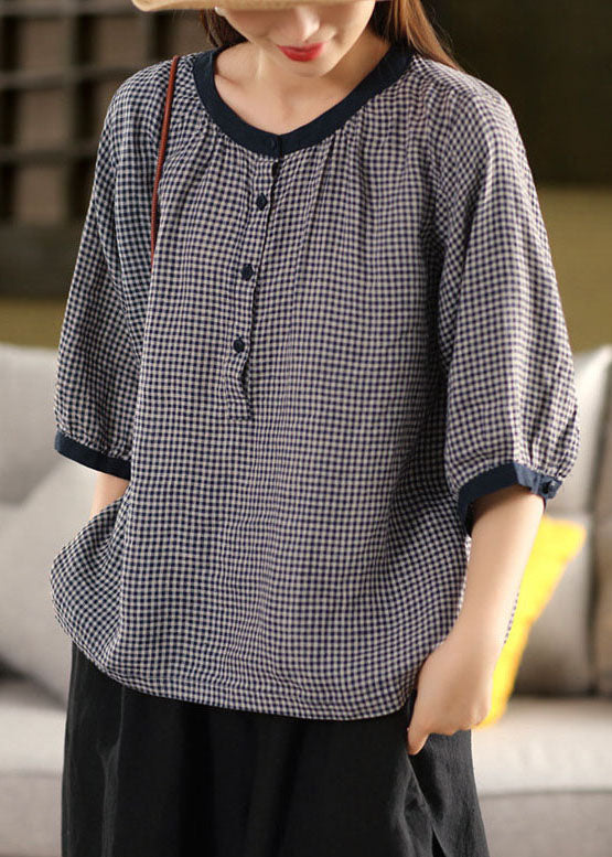 Organic Blue Oversized Plaid Linen Shirts Summer