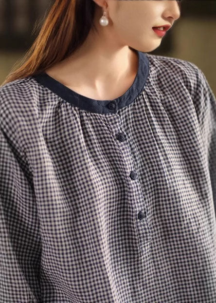 Organic Blue Oversized Plaid Linen Shirts Summer
