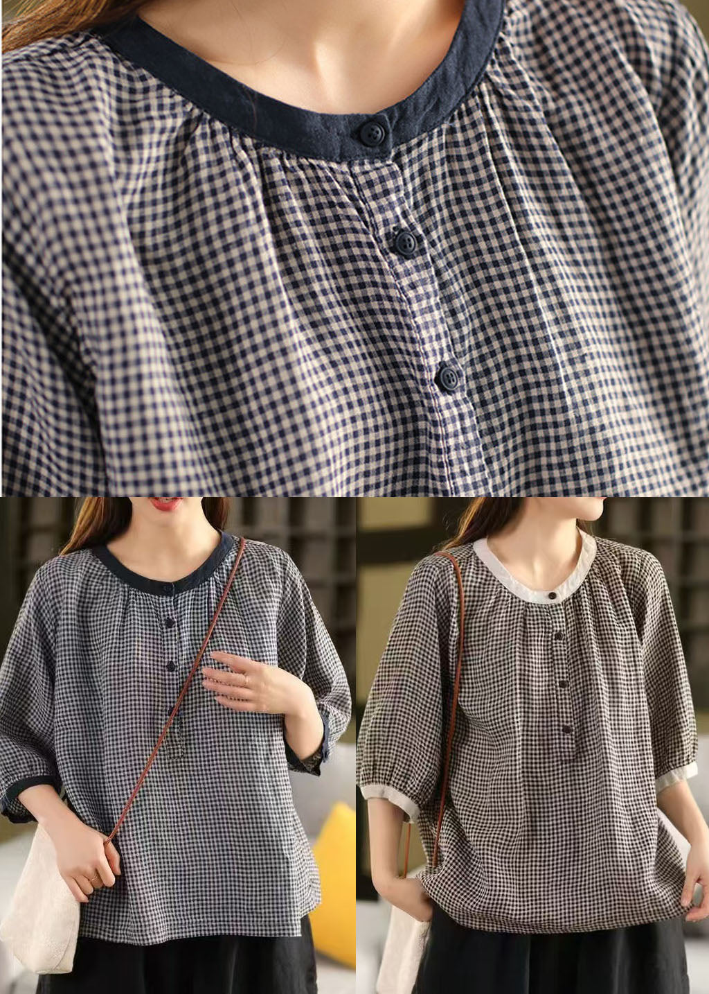 Organic Blue Oversized Plaid Linen Shirts Summer