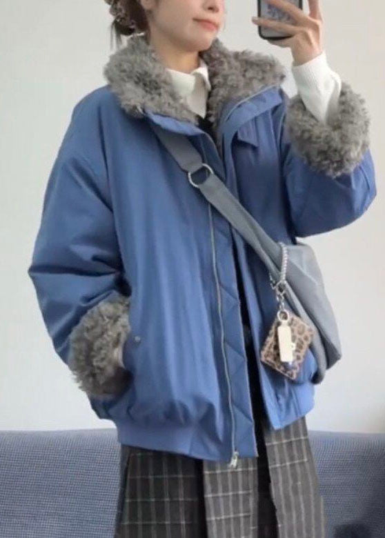 Organic Blue Oversized Pockets Warm Fleece Jackets Winter
