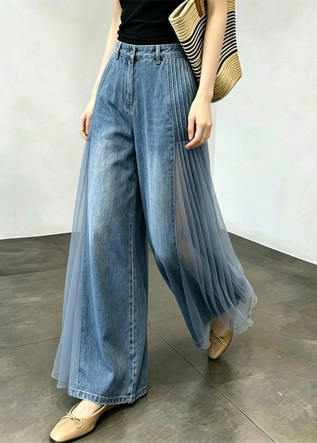 Organic Blue Pockets High Waist Tulle Patchwork Wide Leg Jeans