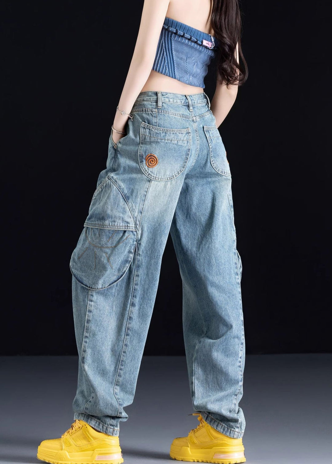 Organic Blue Pockets Patchwork Denim Pants Fall