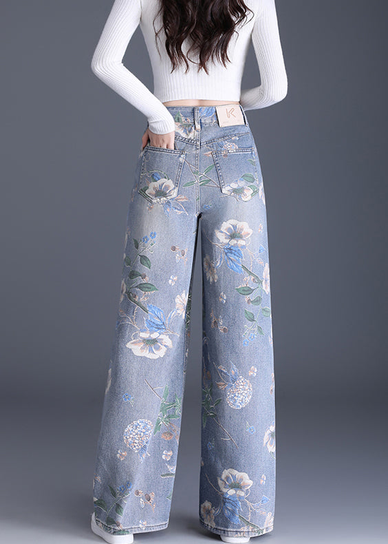 Organic Blue Pockets Print Denim Wide Leg Pants Spring