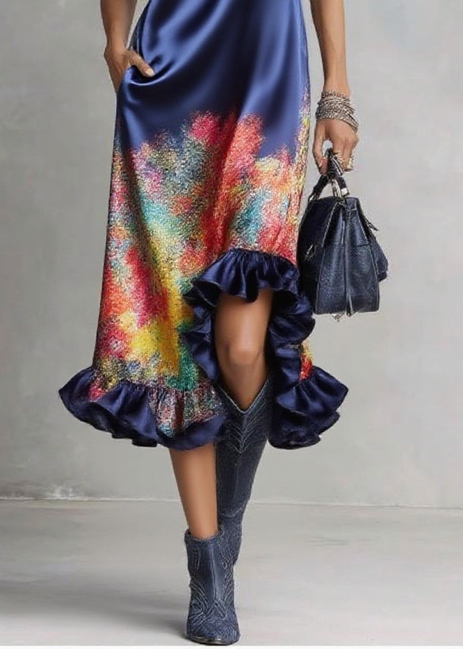 Organic Blue Ruffled Print Silk Party Dress Sleeveless