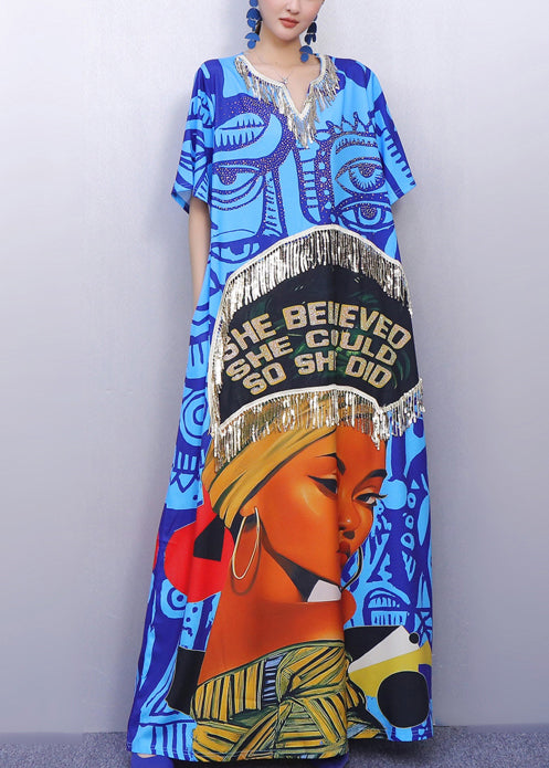 Organic Blue Tasseled Print Cotton Holiday Dresses Summer