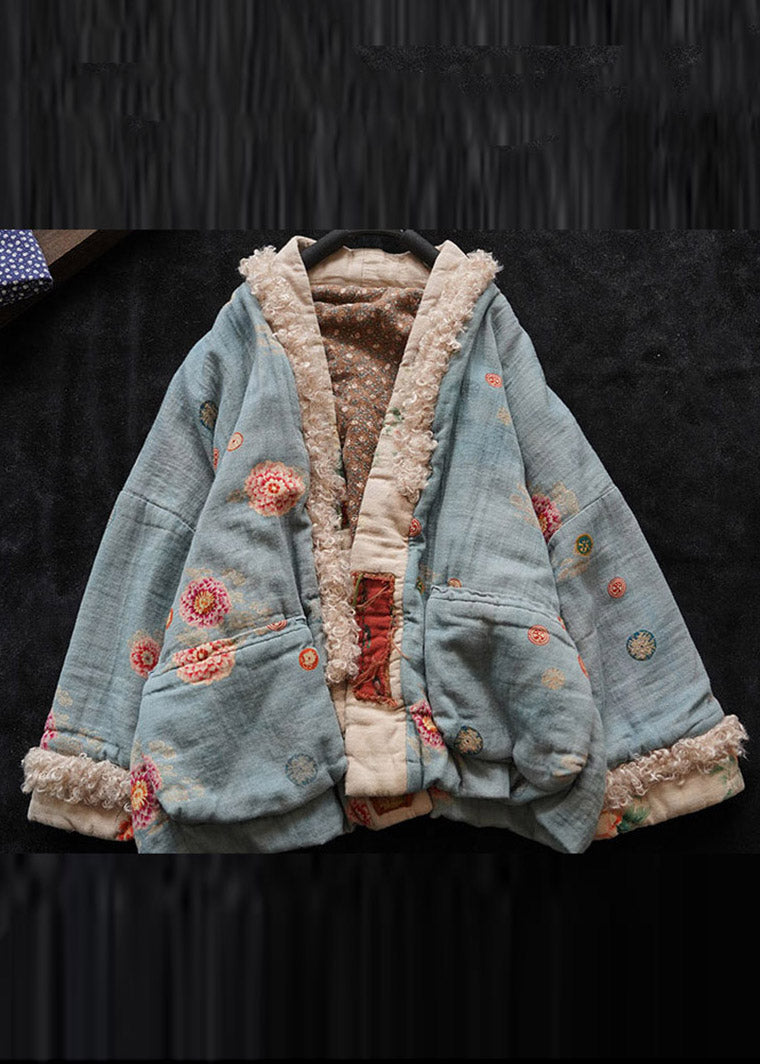 Organic Blue V Neck Faux Fur Patchwork Witner Coat Long Sleeve