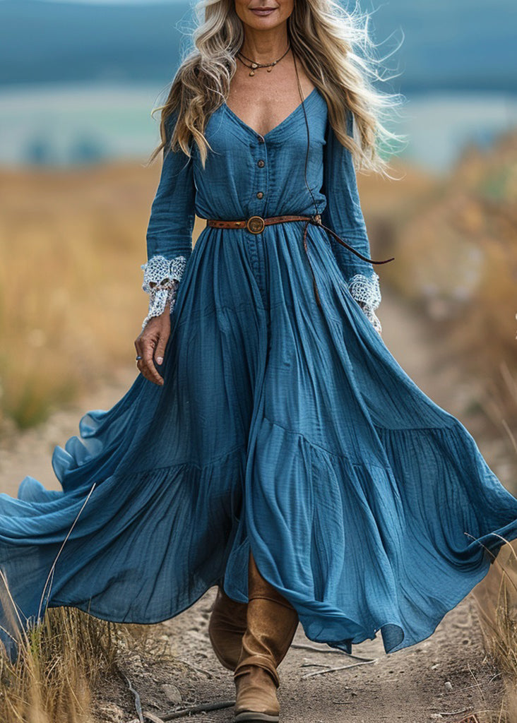 Organic Blue V Neck Lace Wrinkled Patchwork Cotton Long Dress Spring