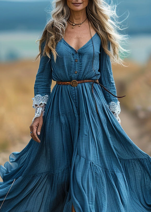 Organic Blue V Neck Lace Wrinkled Patchwork Cotton Long Dress Spring