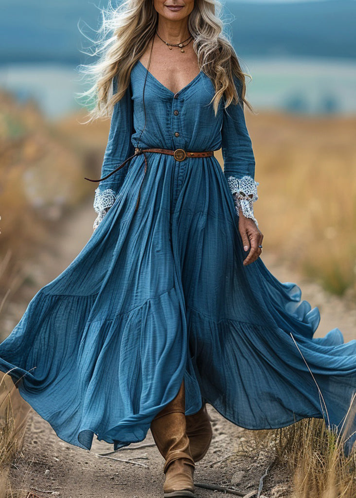 Organic Blue V Neck Lace Wrinkled Patchwork Cotton Long Dress Spring