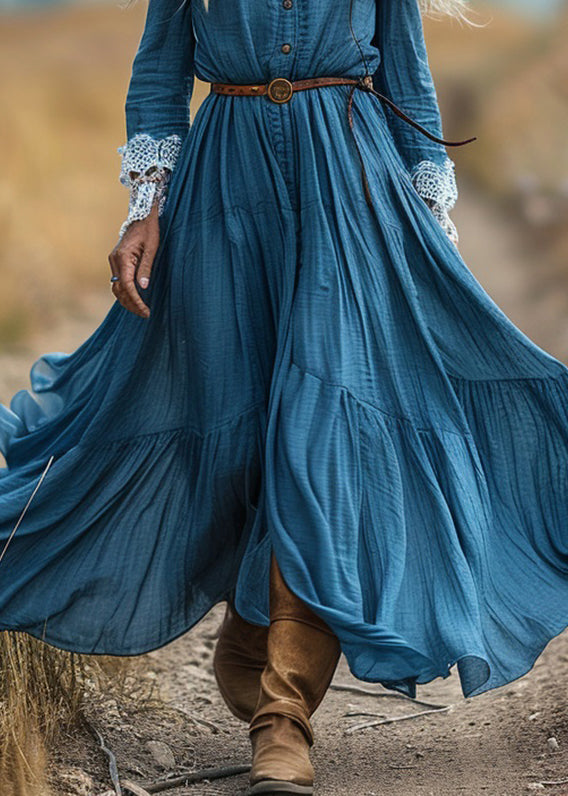 Organic Blue V Neck Lace Wrinkled Patchwork Cotton Long Dress Spring