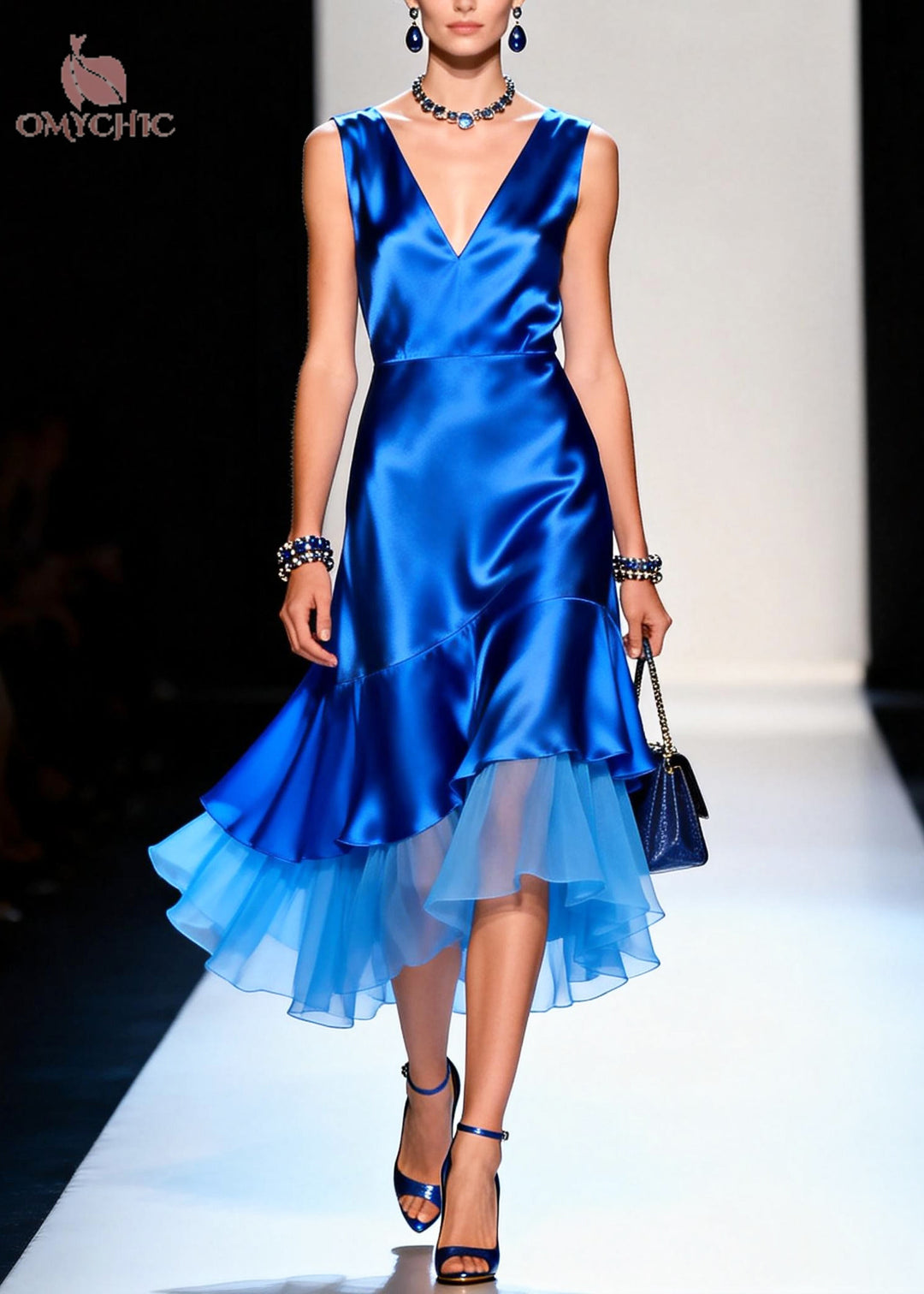 Organic Blue V Neck Patchwork Silk Cami Dresses Summer