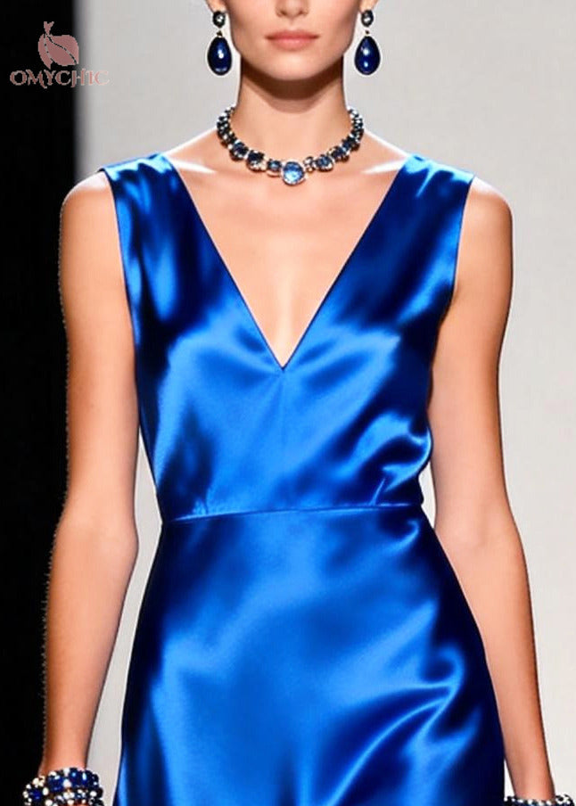 Organic Blue V Neck Patchwork Silk Cami Dresses Summer