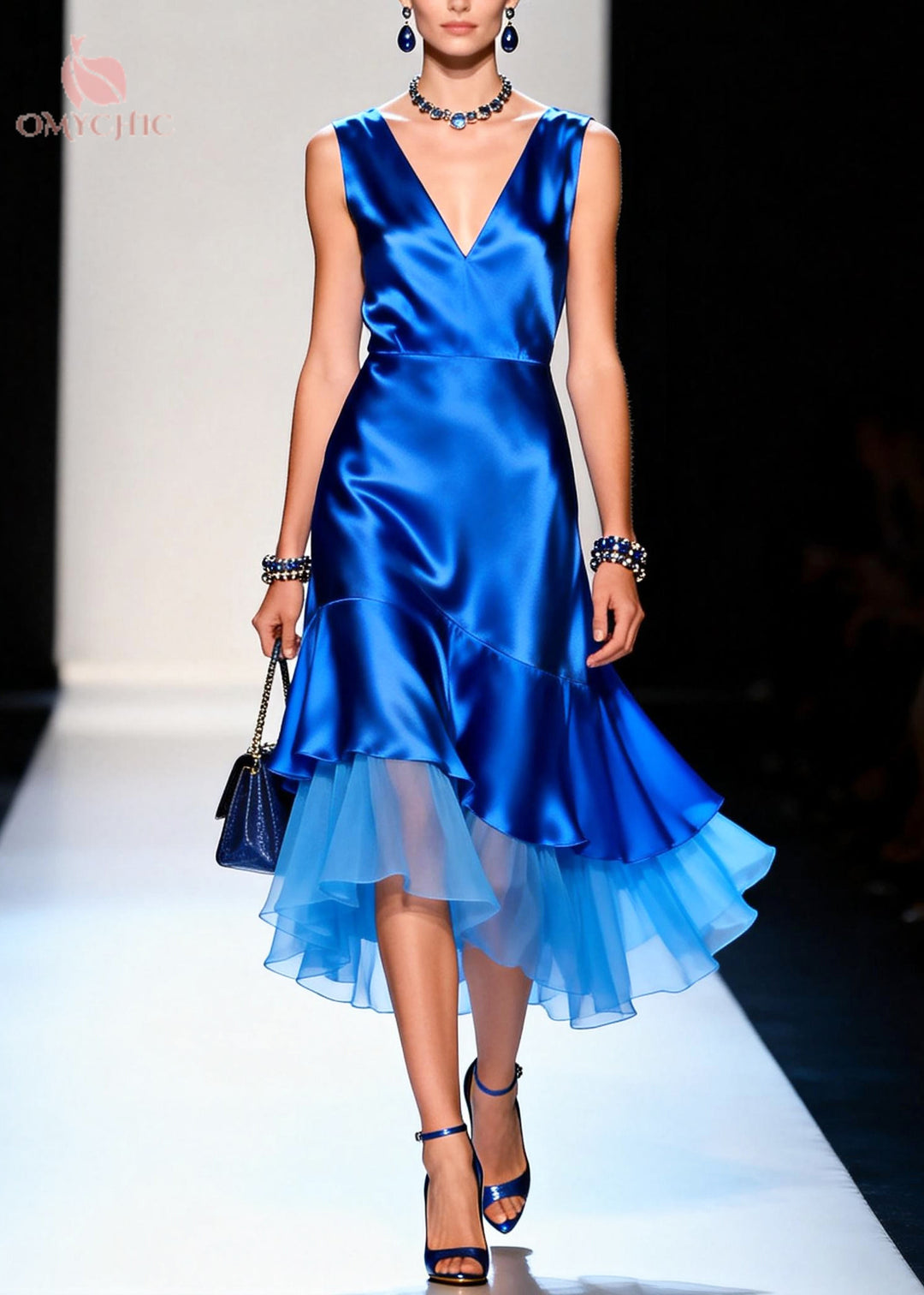 Organic Blue V Neck Patchwork Silk Cami Dresses Summer