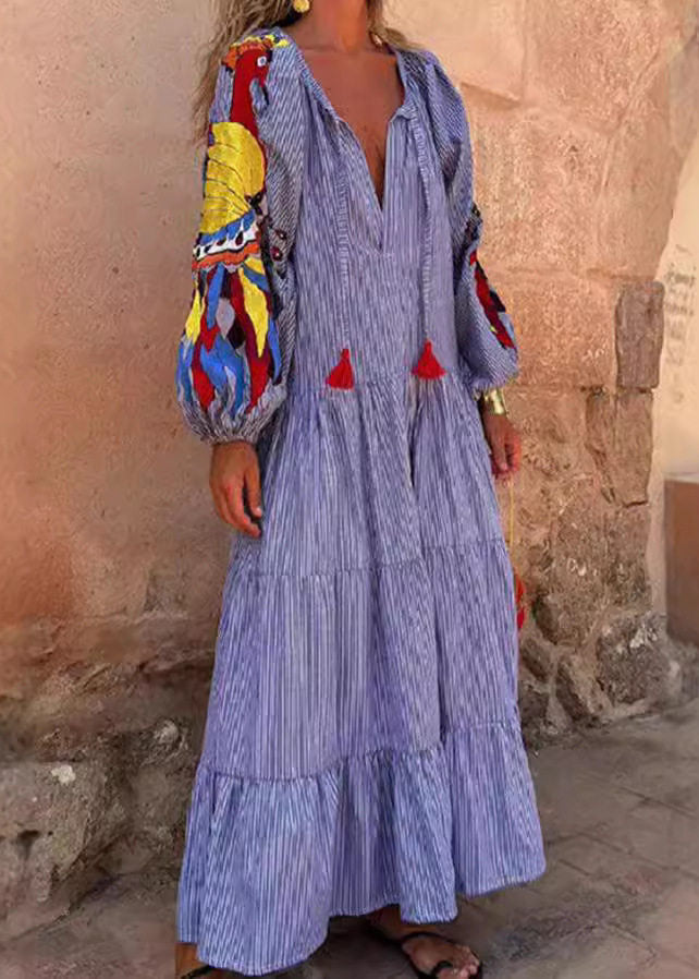 Organic Blue V Neck Print Patchwork Cotton Vacation Dresses Spring
