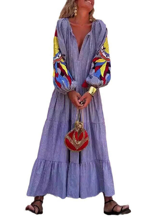 Organic Blue V Neck Print Patchwork Cotton Vacation Dresses Spring