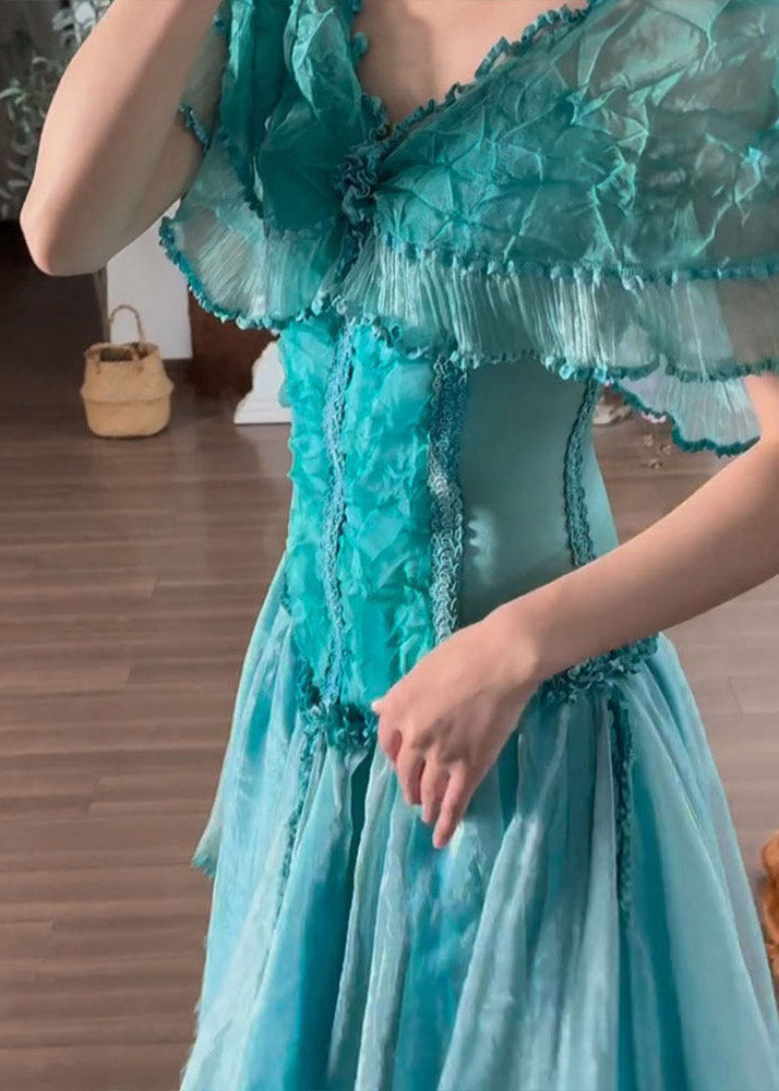 Organic Blue V Neck Ruffled Patchwork Tulle Maxi Dress Summer