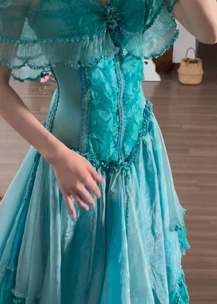 Organic Blue V Neck Ruffled Patchwork Tulle Maxi Dress Summer