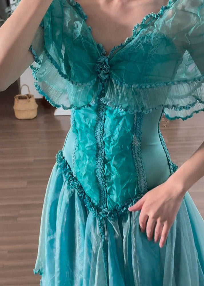 Organic Blue V Neck Ruffled Patchwork Tulle Maxi Dress Summer