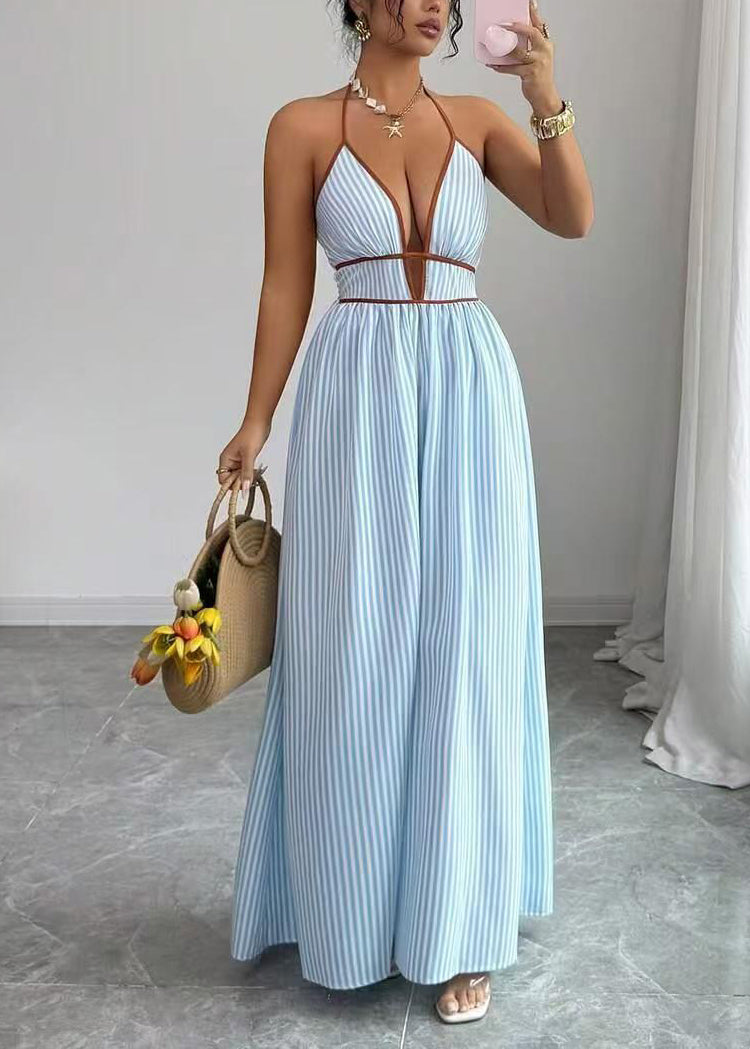 Organic Blue V Neck Striped Cotton Hatle Dress Summer