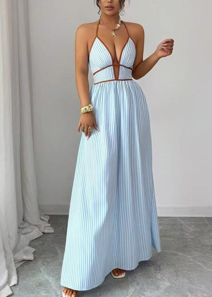 Organic Blue V Neck Striped Cotton Hatle Dress Summer