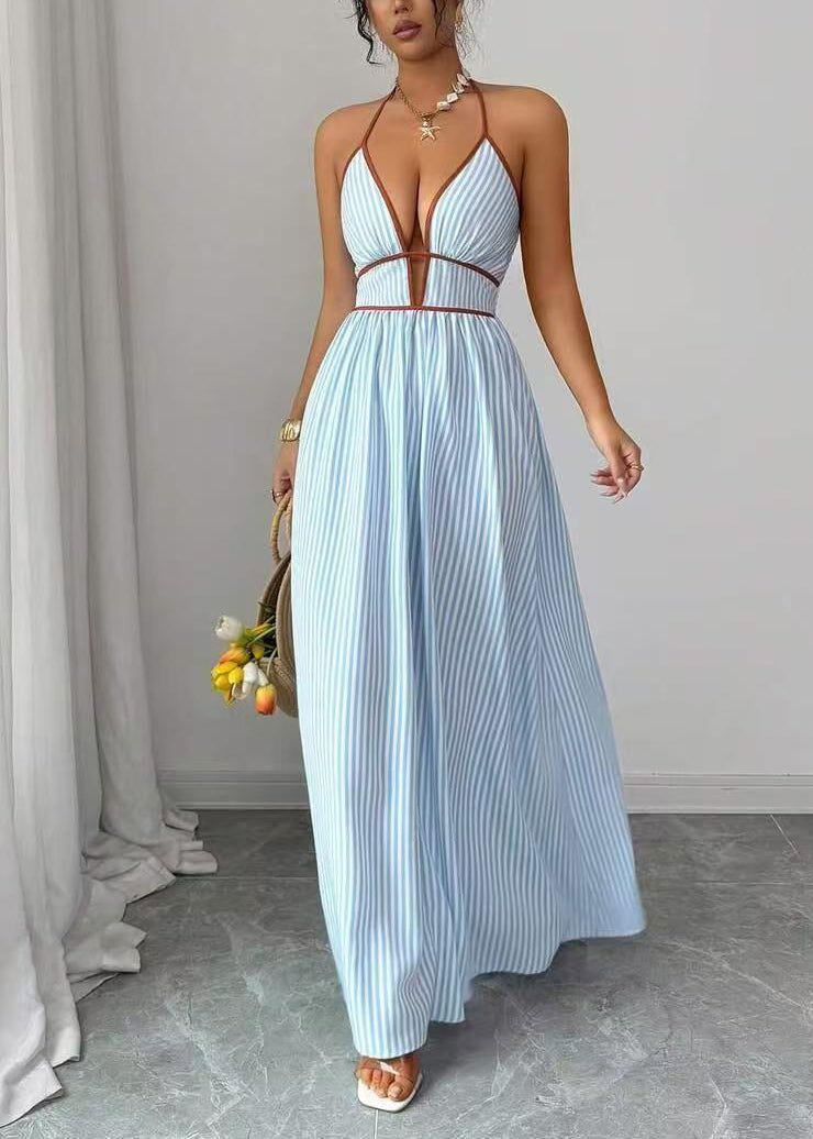 Organic Blue V Neck Striped Cotton Hatle Dress Summer