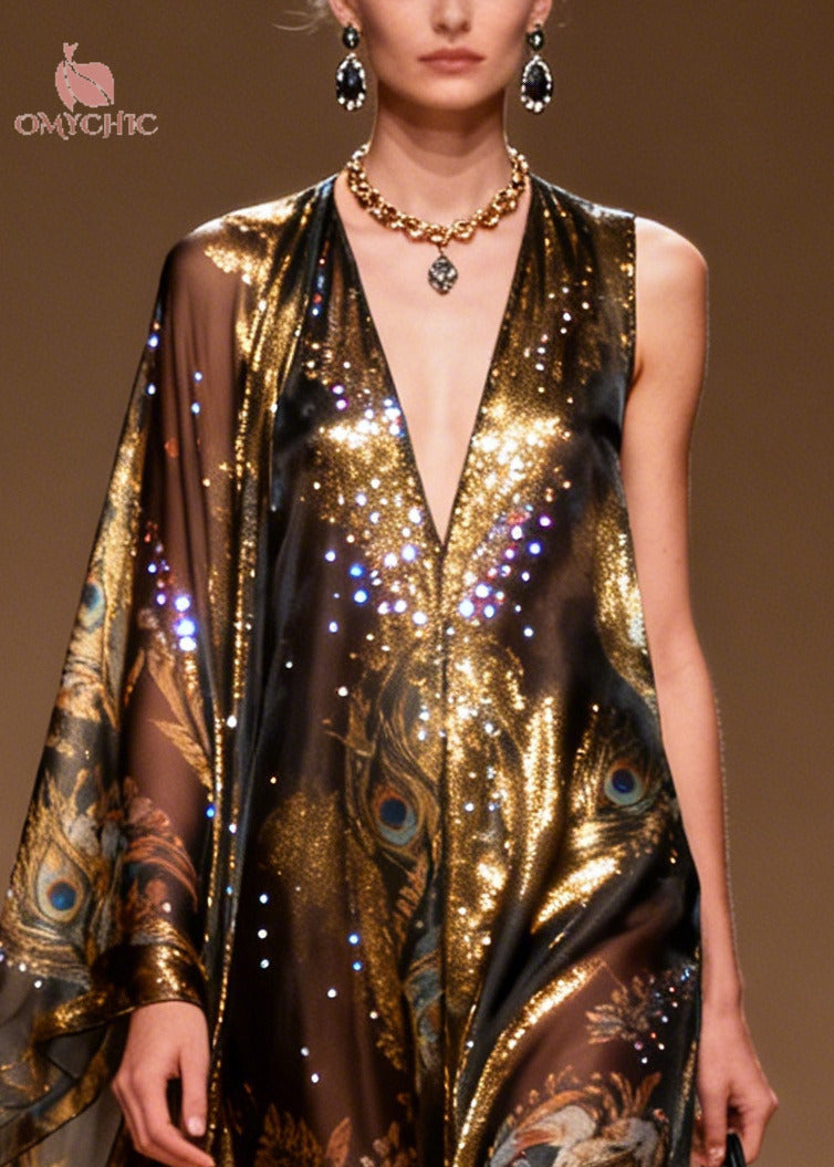 Organic Brown Asymmetrical Print Rhinestone Silk Party Dress Summer