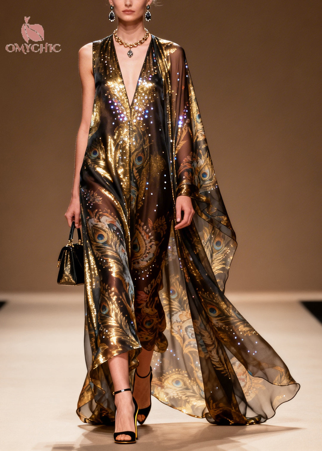 Organic Brown Asymmetrical Print Rhinestone Silk Party Dress Summer