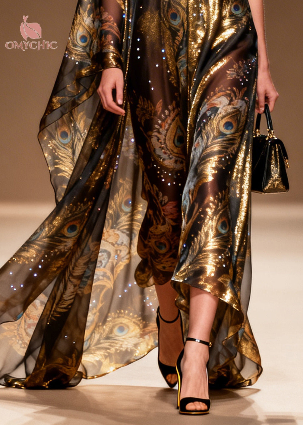 Organic Brown Asymmetrical Print Rhinestone Silk Party Dress Summer