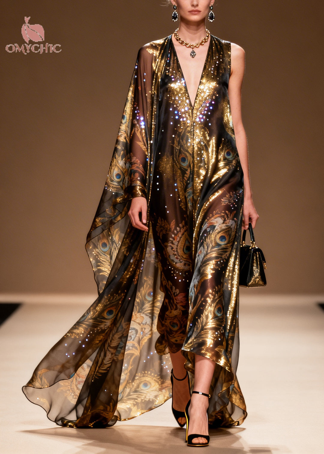 Organic Brown Asymmetrical Print Rhinestone Silk Party Dress Summer