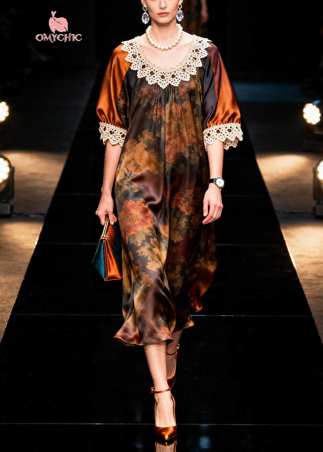 Organic Brown Oversized Patchwork Silk Ankle Dress Summer