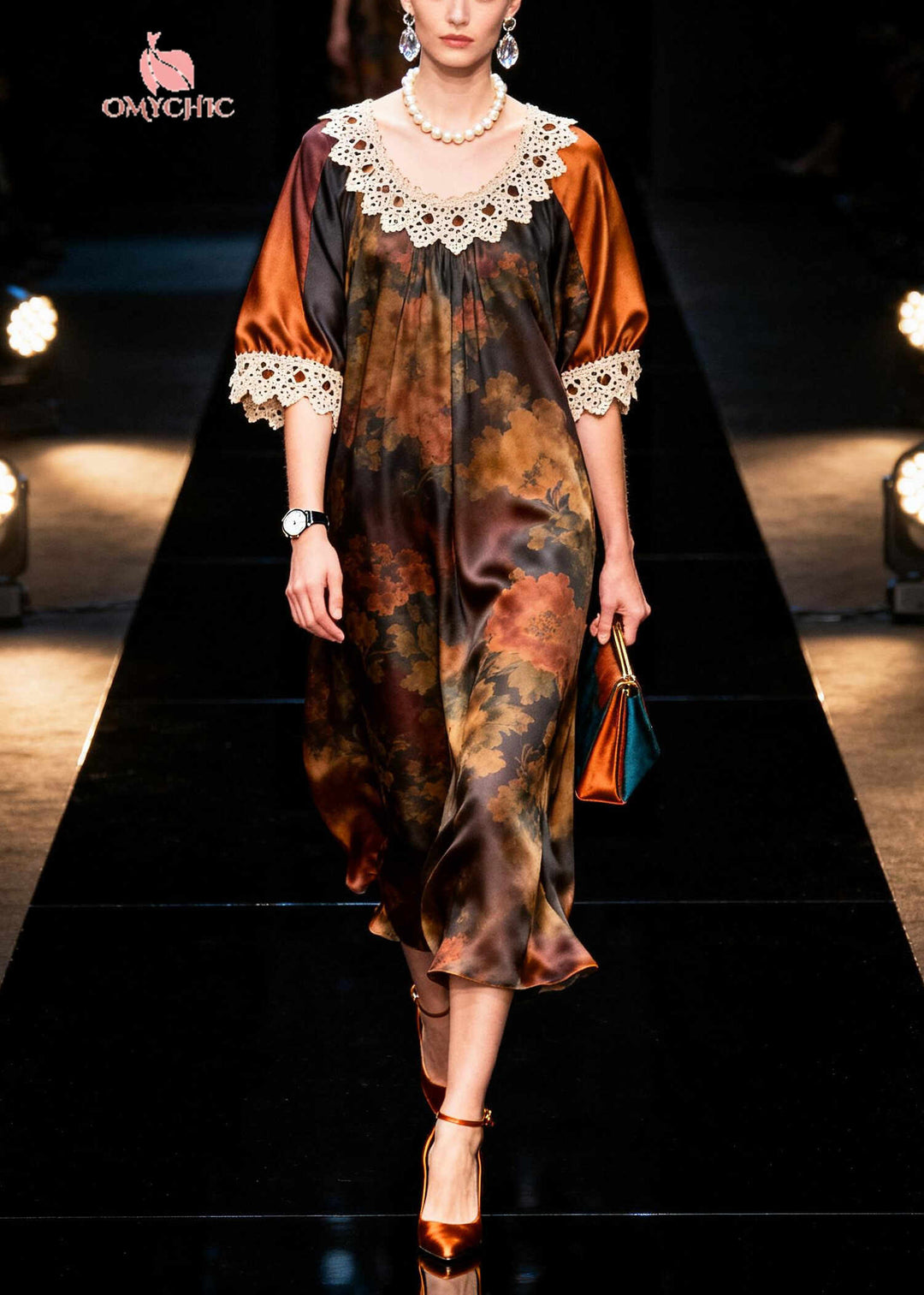 Organic Brown Oversized Patchwork Silk Ankle Dress Summer