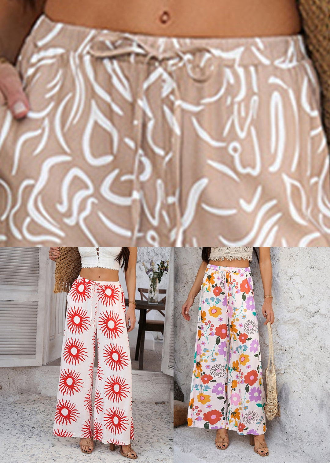 Organic Coffee Elastic Waist Holiday Wide Leg Pants Summer