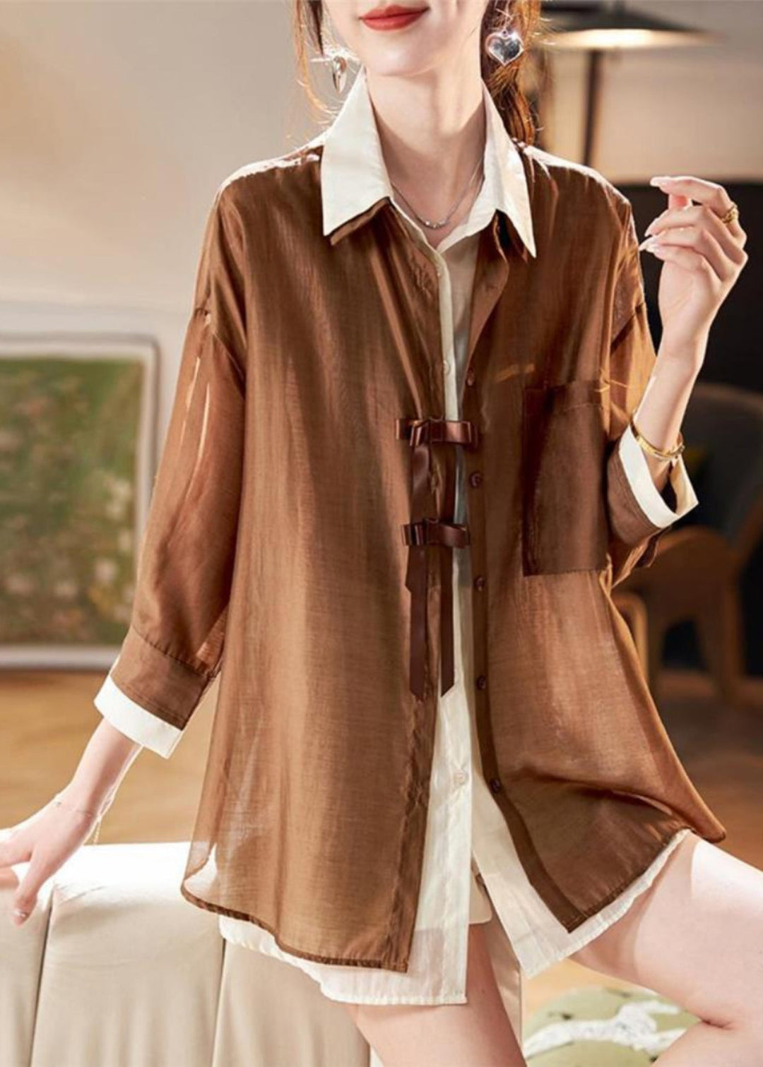 Organic Coffee Patchwork Fake Two Pieces Chiffon Shirt Spring