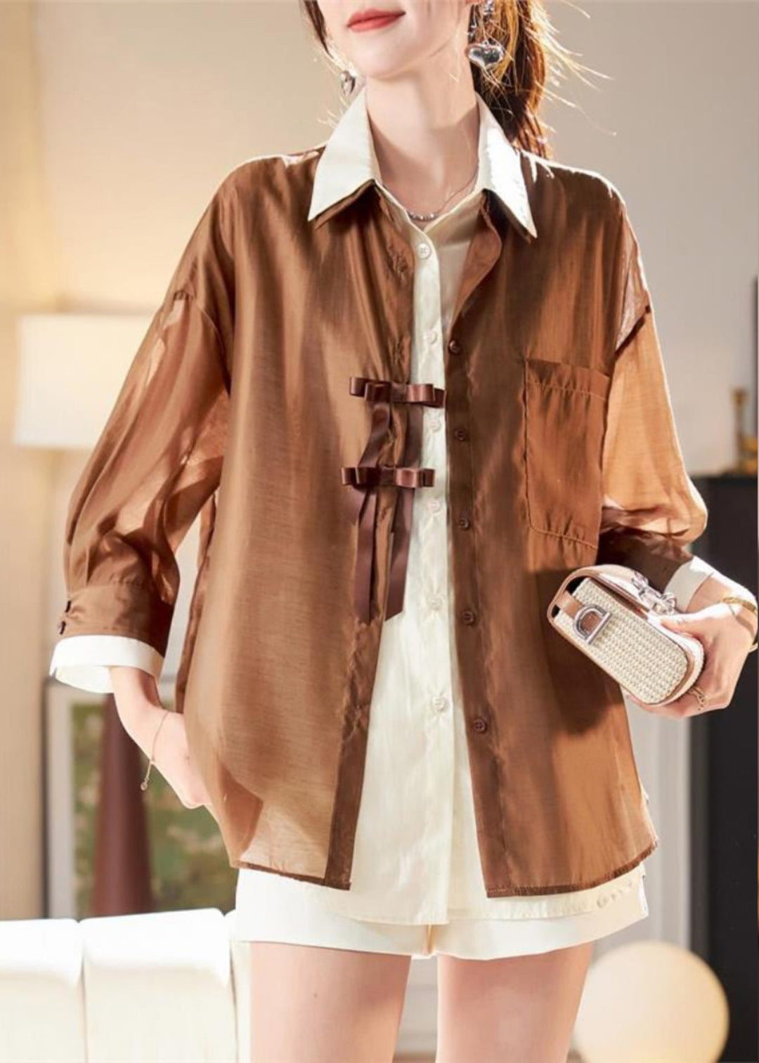 Organic Coffee Patchwork Fake Two Pieces Chiffon Shirt Spring
