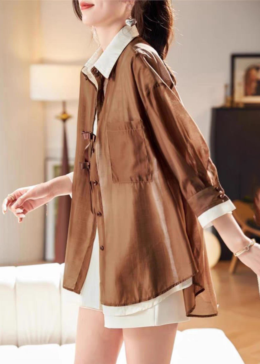 Organic Coffee Patchwork Fake Two Pieces Chiffon Shirt Spring
