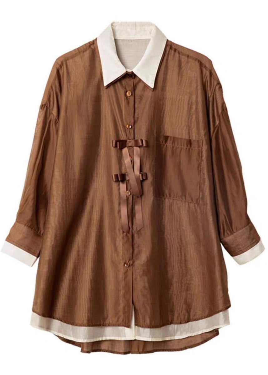 Organic Coffee Patchwork Fake Two Pieces Chiffon Shirt Spring