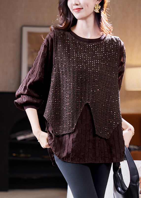 Organic Coffee Sequins Patchwork Fake Two Pieces Shirt Fall