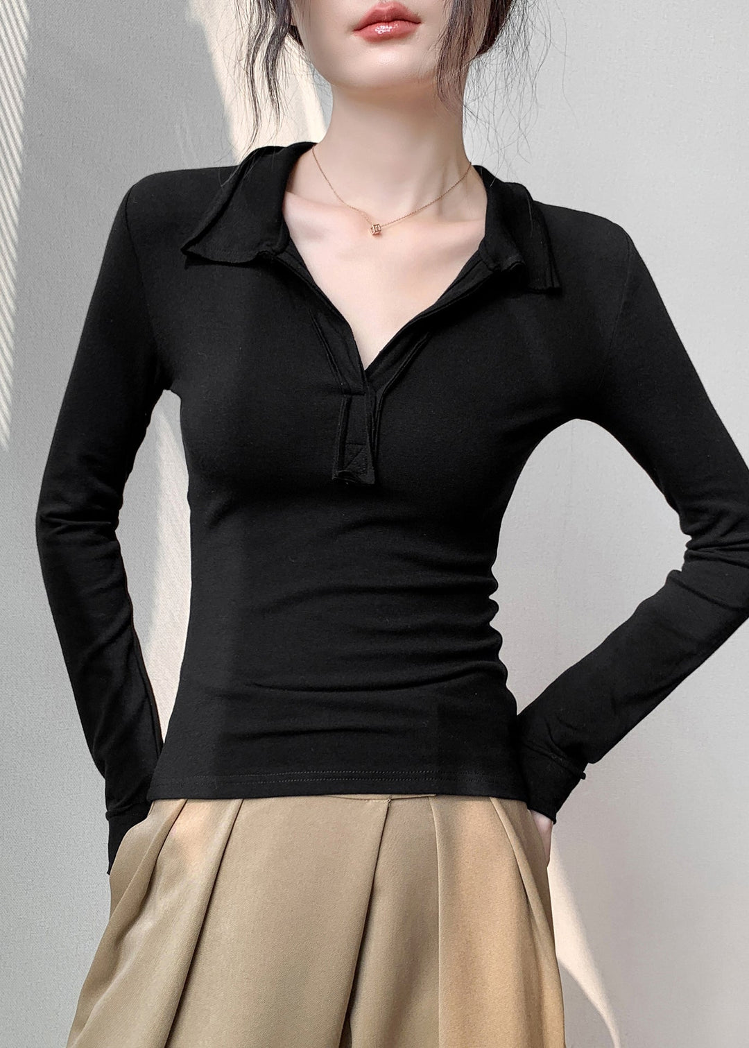 Organic Coffee V Neck Patchwork Slim Fit Cotton T Shirt Fall