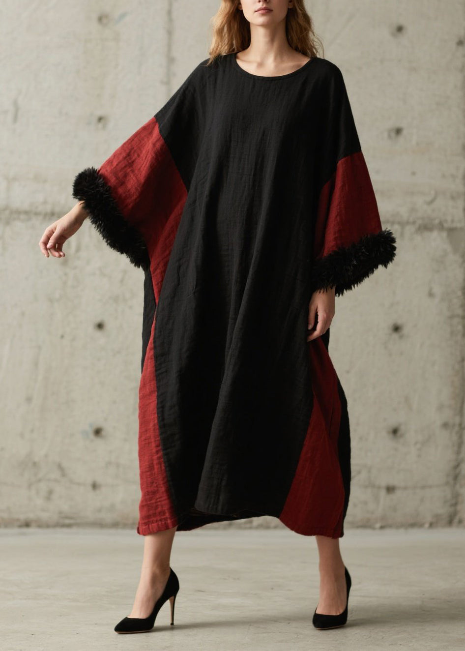 Organic Colorblock O Neck Patchwork Cotton Dress Fall