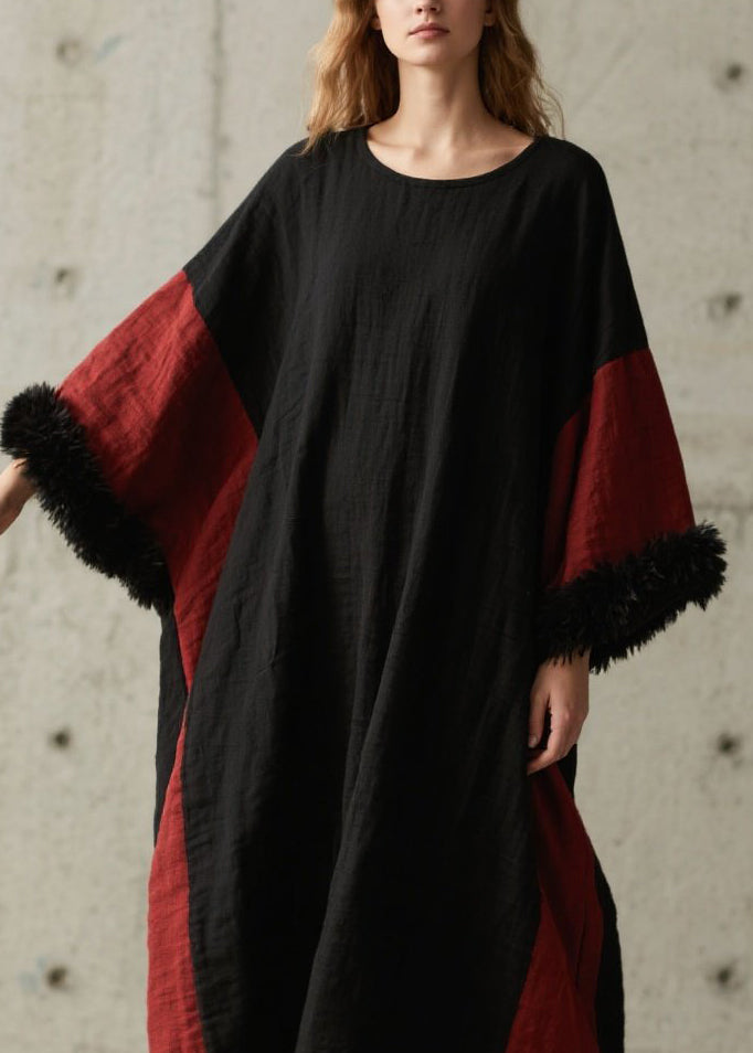 Organic Colorblock O Neck Patchwork Cotton Dress Fall