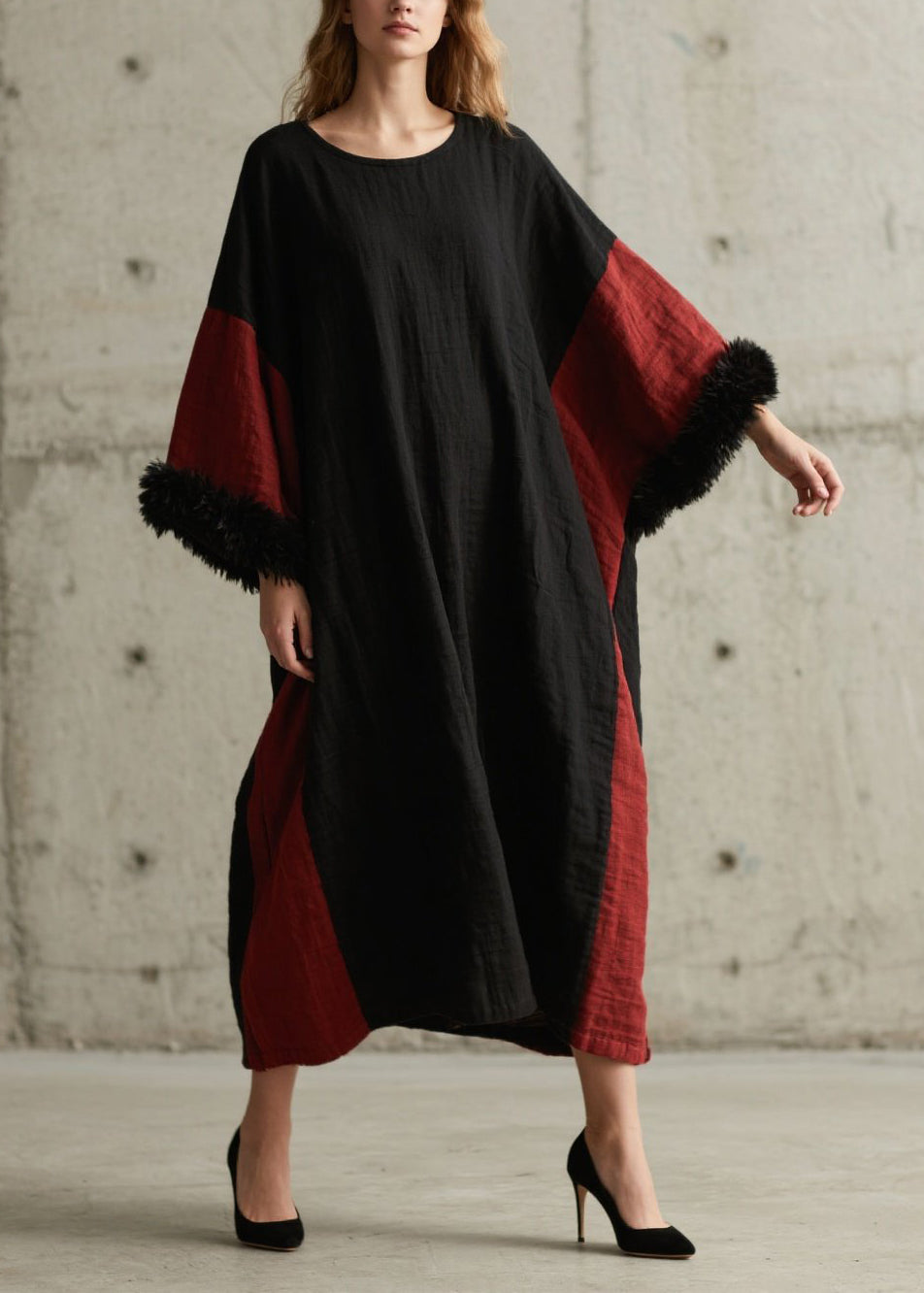 Organic Colorblock O Neck Patchwork Cotton Dress Fall