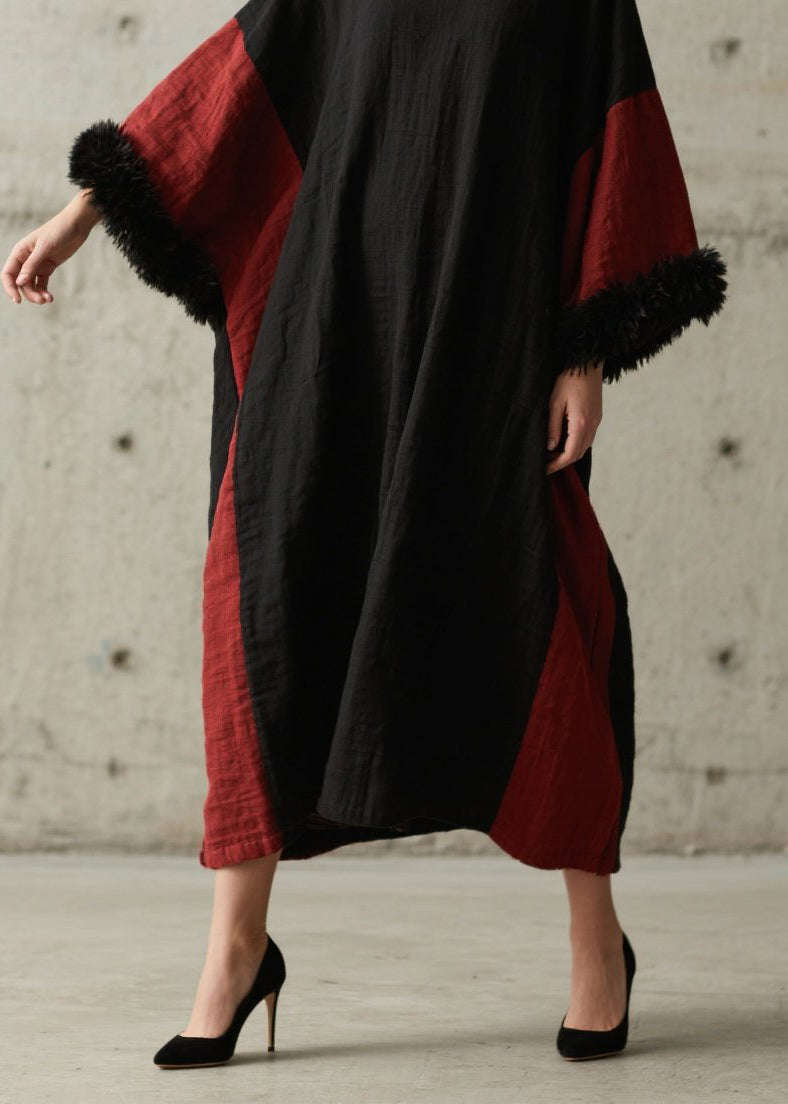 Organic Colorblock O Neck Patchwork Cotton Dress Fall