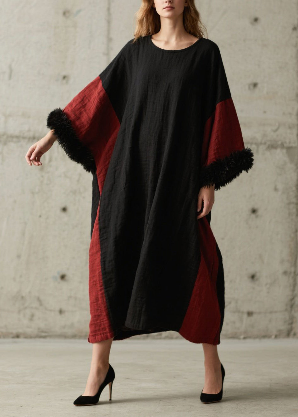 Organic Colorblock O Neck Patchwork Cotton Dress Fall