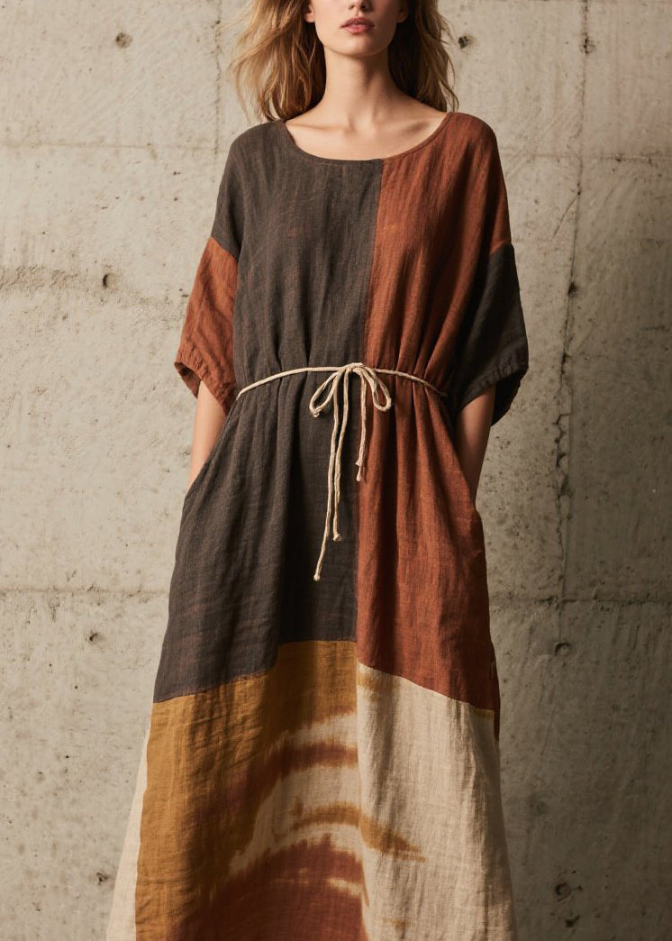 Organic Colorblock O Neck Tie Dye Cotton Dresses Summer
